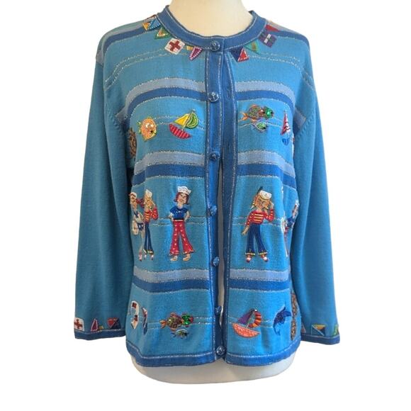 Jack B Quick blue striped nautical pattern cardigan sweater womens size medium - Picture 1 of 11